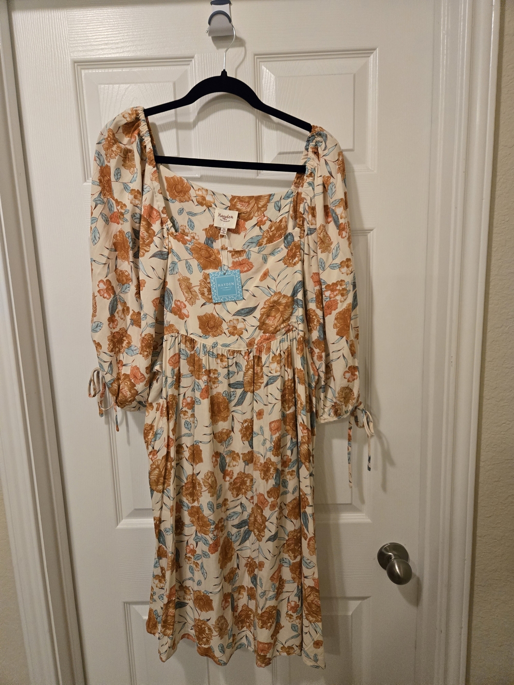 Ivory Floral Midi Dress with Rust & Teal Blooms by Knotted
